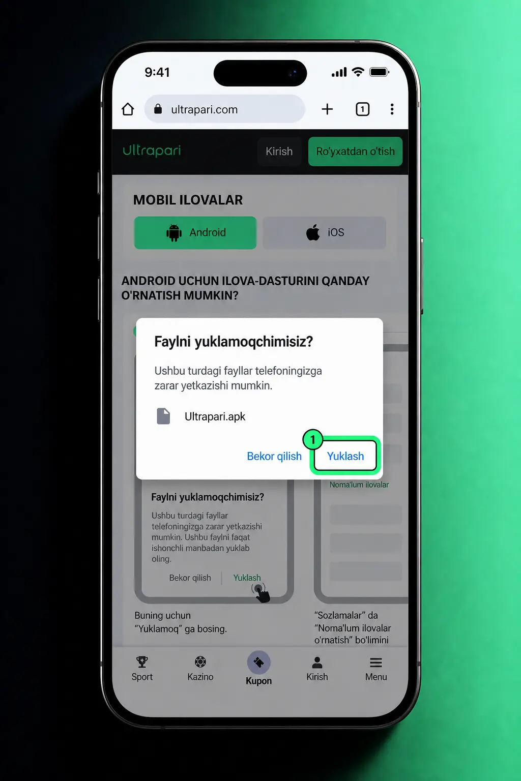 Aviator o'yinini Android qurilmaga APK fayli orqali yuklab olish va o'rnatish bosqichlari ko'rsatilgan skrinshot