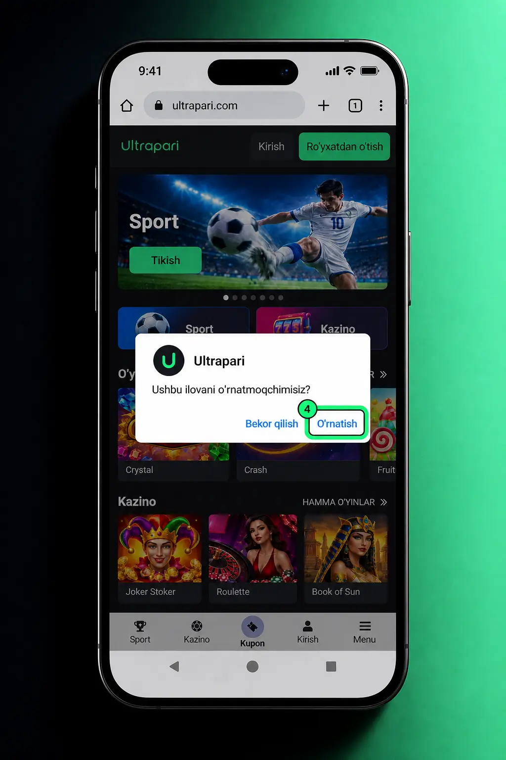 Aviator o'yinini Android qurilmaga APK fayli orqali yuklab olish va o'rnatish bosqichlari ko'rsatilgan skrinshot