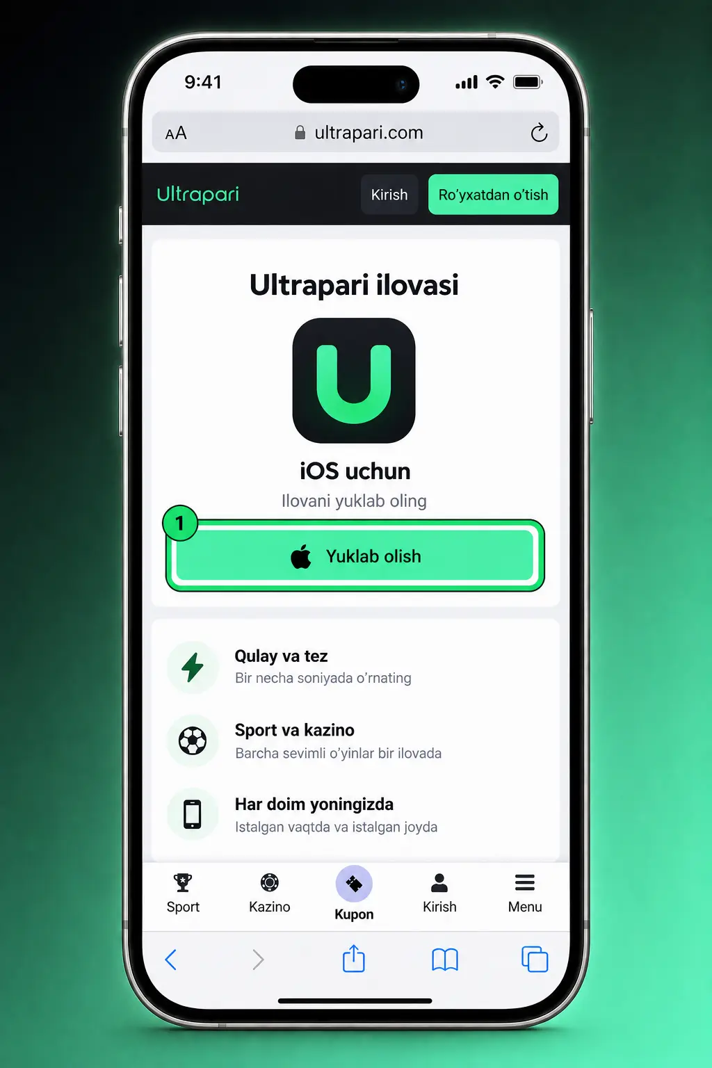 Aviator o'yinini iOS qurilmasiga PWA sifatida o'rnatish bosqichlari ko'rsatilgan skrinshot