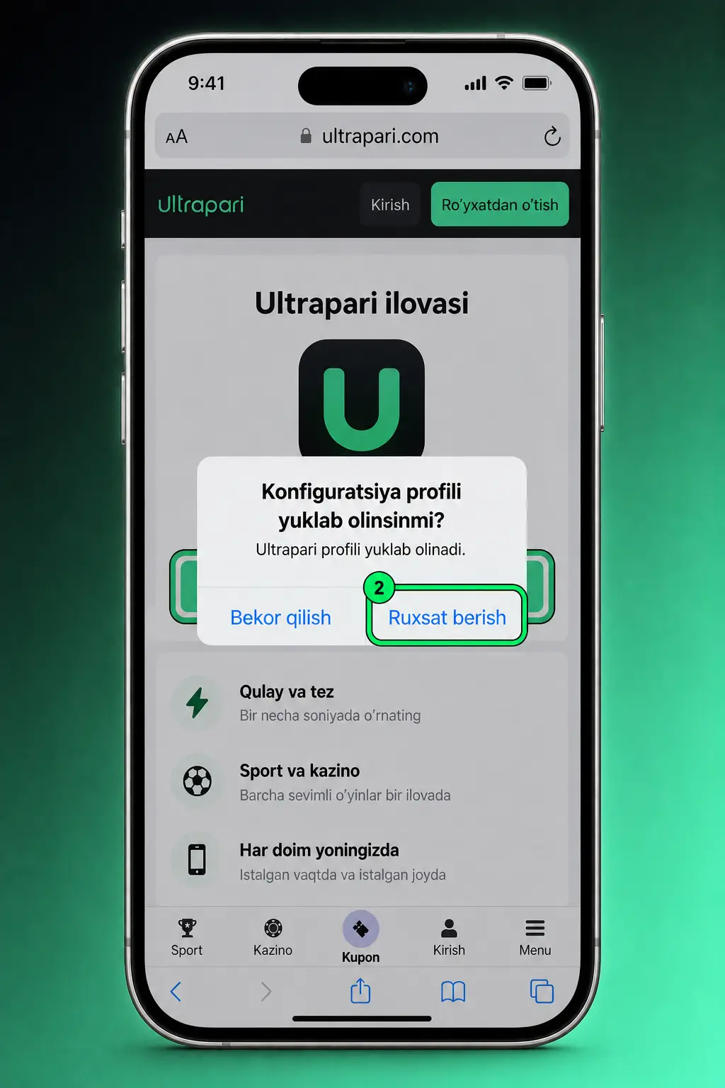 Aviator ilovasini iOS qurilmasiga Safari orqali bosh ekranga qo'shish bosqichlari ko'rsatilgan skrinshot