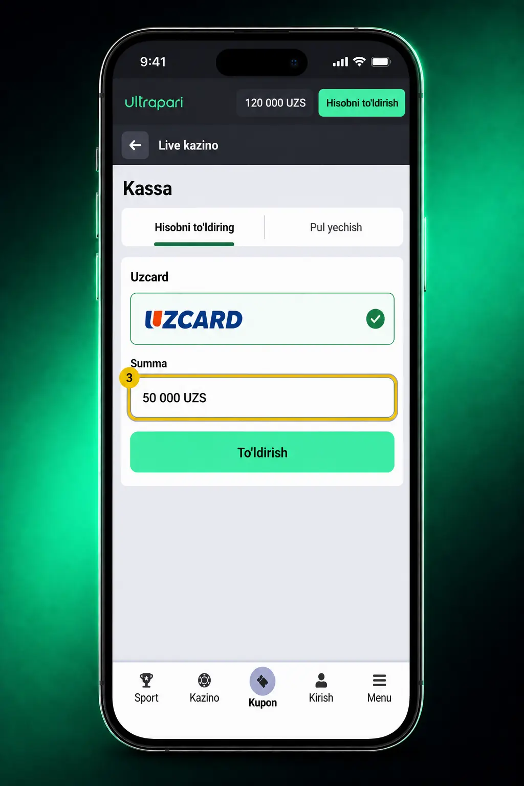 Ultrapari kazinosida ro‘yxatdan o‘tish, depozit kiritish va slot yoki jonli o‘yinlarni tanlash bosqichlari ko‘rsatilgan ekran