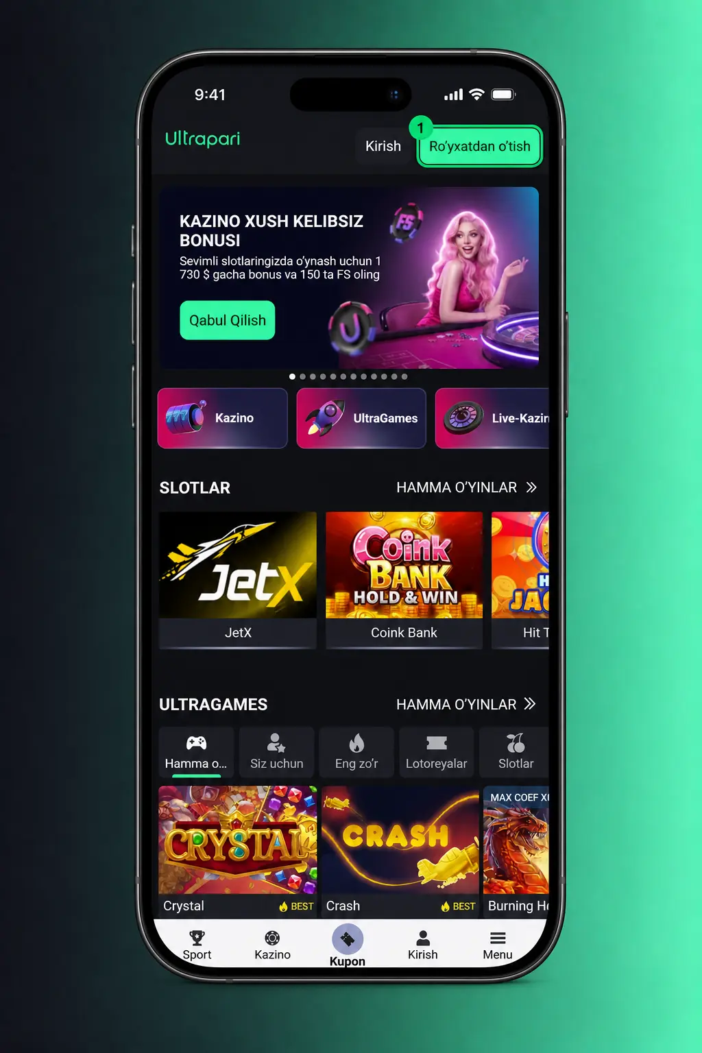 Ultrapari live kazinosida ro'yxatdan o'tish, depozit kiritish va o'yin tanlash bosqichlarini ko'rsatuvchi qo'llanma skrinshoti.