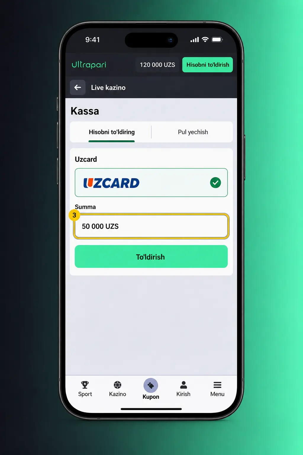Ultrapari live kazinosida ro'yxatdan o'tish, depozit kiritish va o'yin tanlash bosqichlarini ko'rsatuvchi qo'llanma skrinshoti