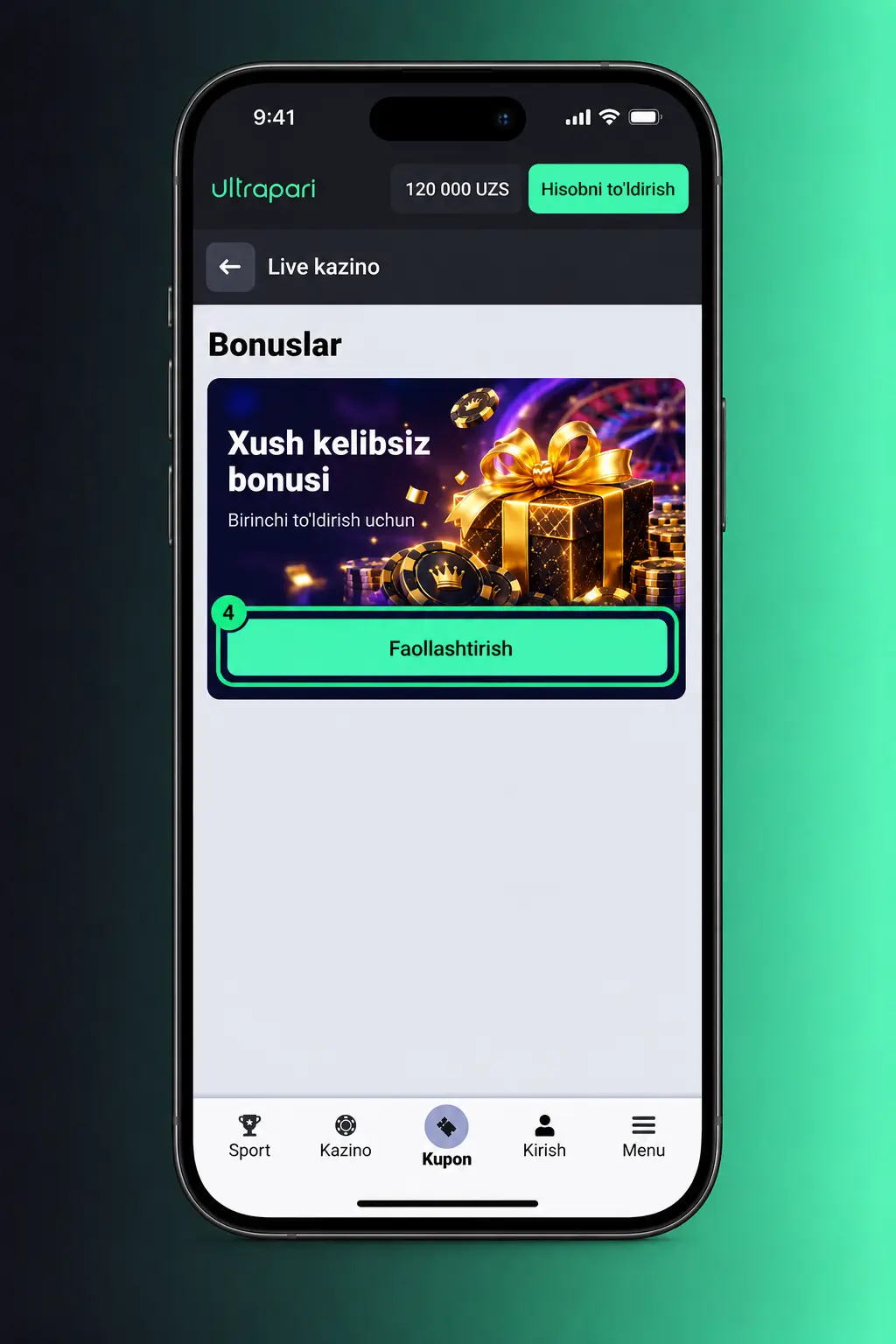 Ultrapari live kazinosida ro'yxatdan o'tish, depozit kiritish va o'yin tanlash bosqichlarini ko'rsatuvchi qo'llanma skrinshoti