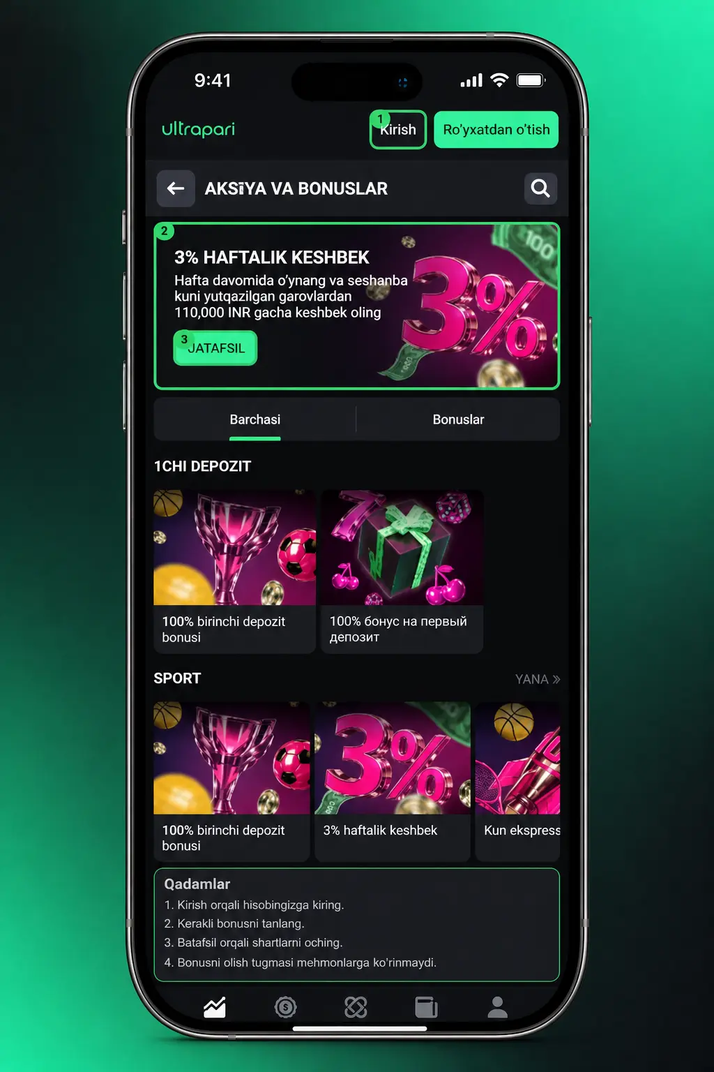 Ultrapari mobil ilovasida promo kodni 4 bosqichda faollashtirish bo'yicha qo'llanma tasviri
