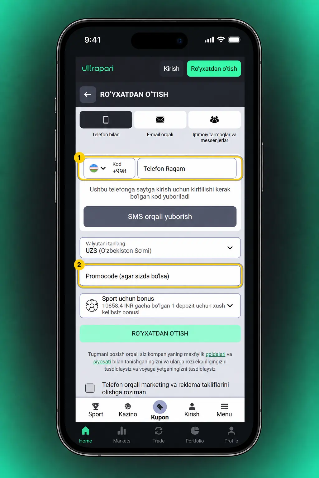 Ultrapari saytida ro'yxatdan o'tish bo'yicha qadamma-qadam ko'rsatma skrinshoti